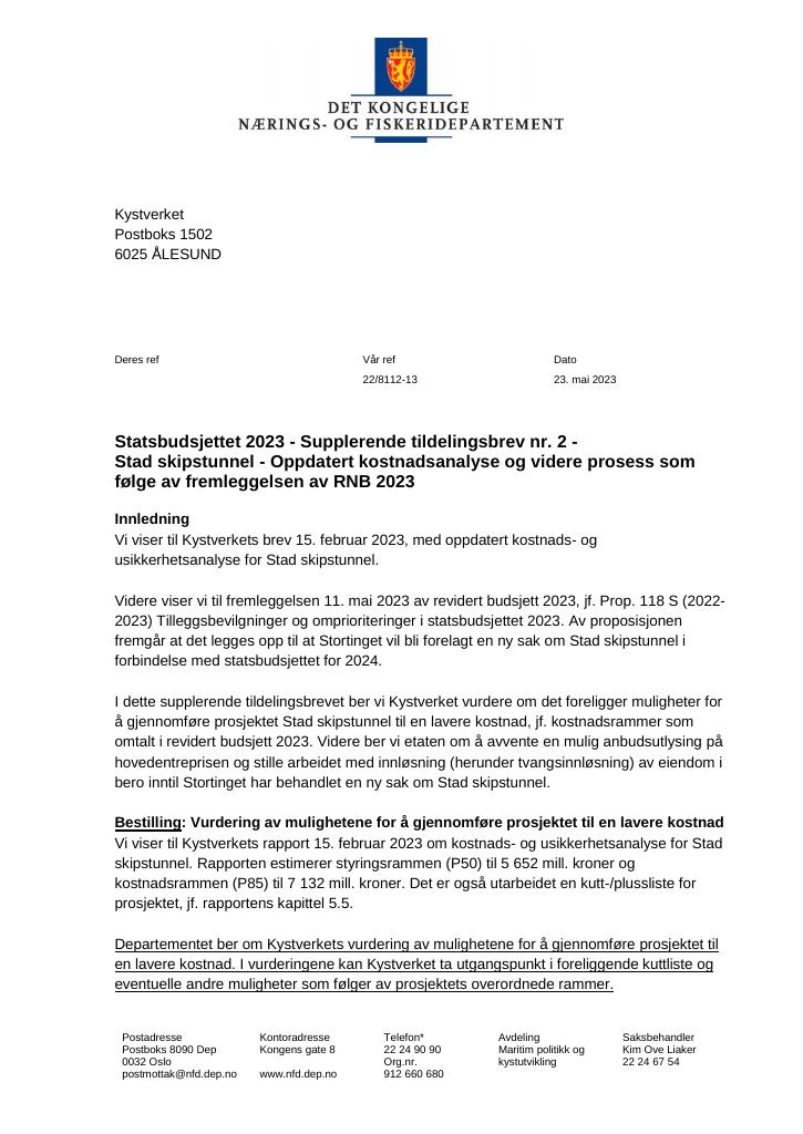 Forsiden av dokumentet Tildelingsbrev Kystverket 2023 - tillegg nr. 2