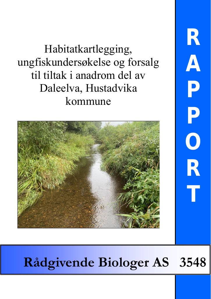 Forsiden av dokumentet Habitatkartlegging, ungfiskundersøkelse og forsalg til tiltak i anadrom del av Daleelva, Hustadvika kommune