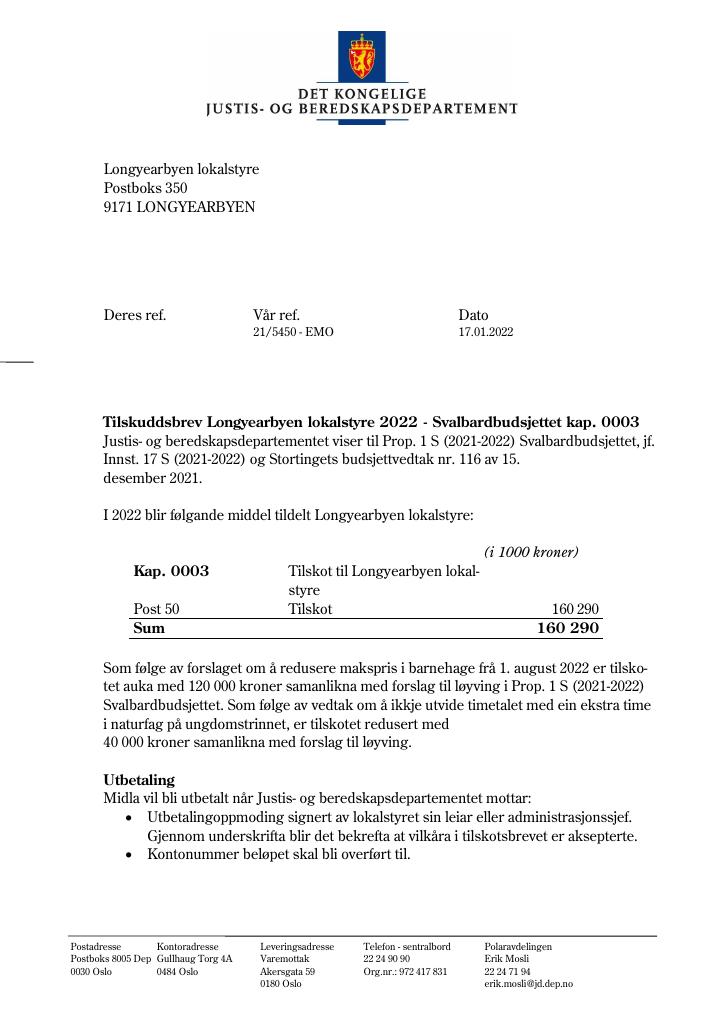 Forsiden av dokumentet Tilskuddsbrev Longyearbyen lokalstyre 2022 - Svalbardbudsjettet kap. 0003