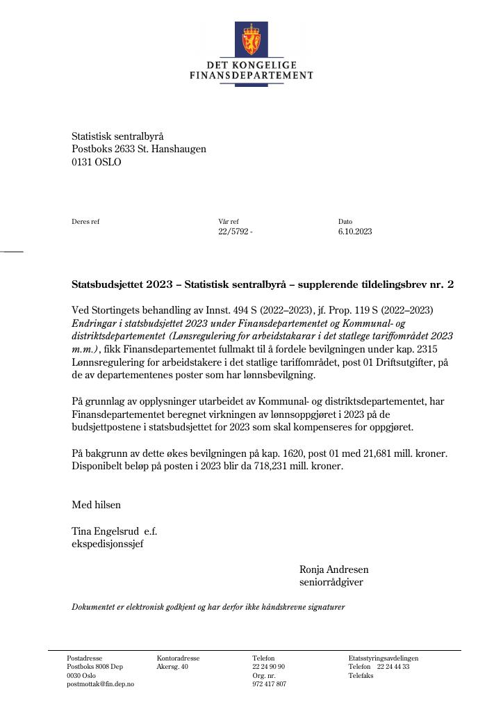 Forsiden av dokumentet upplerende tildelingsbrev 2 2023