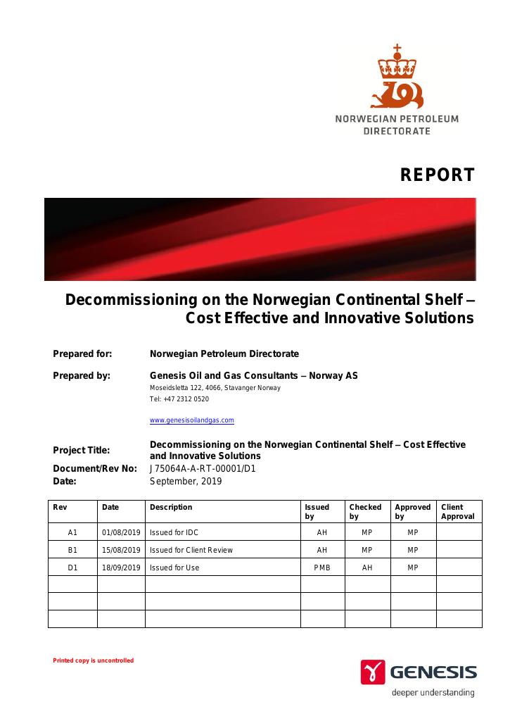 Forsiden av dokumentet Decommissioning on the Norwegian Continental Shelf – Cost Effective and Innovative Solutions