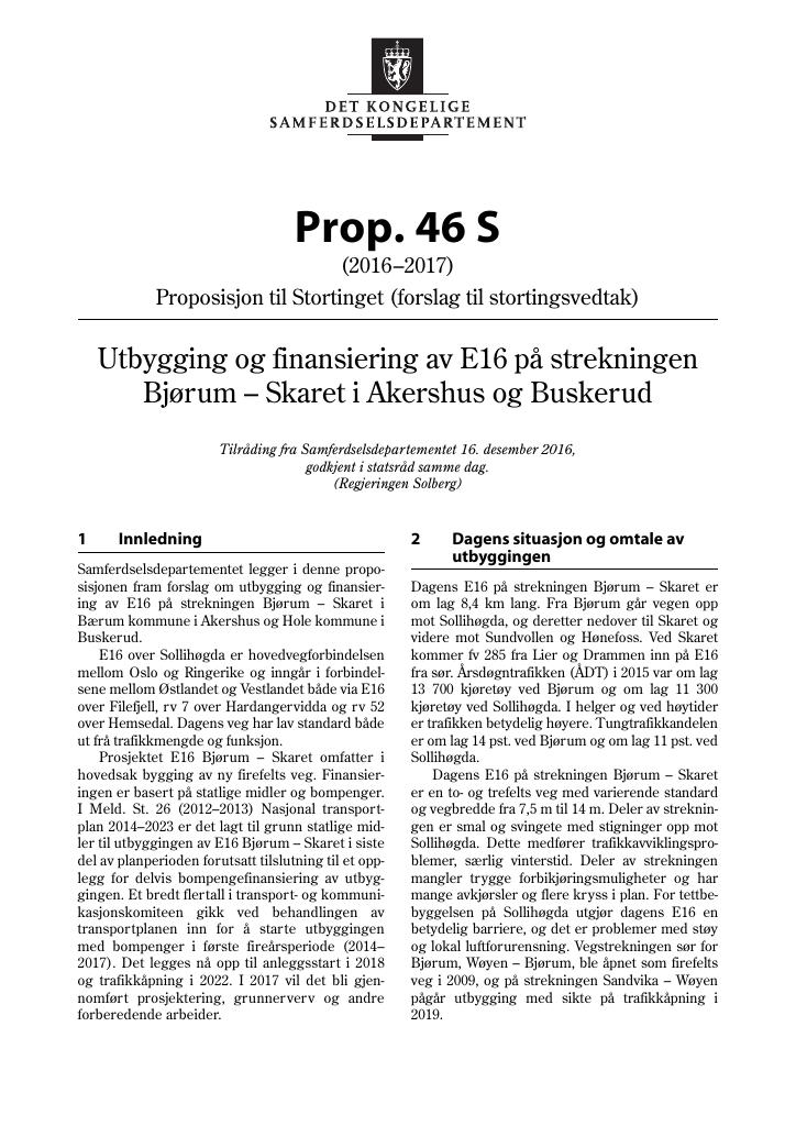 Forsiden av dokumentet Prop. 46 S (2016–2017)