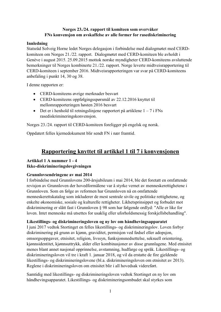 Forsiden av dokumentet Norges 23./24. rapport til komiteen som overvåker FNs konvensjon om avskaffelse av alle former for rasediskriminering