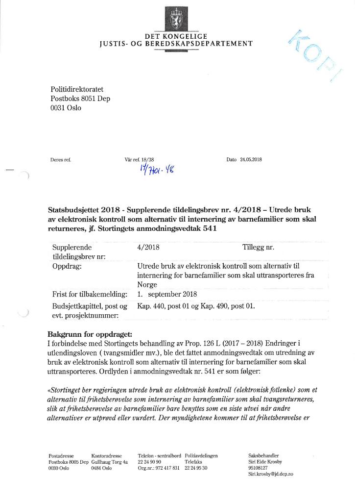 Forsiden av dokumentet Tildelingsbrev Politidirektoratet 2018 - tillegg nr. 4