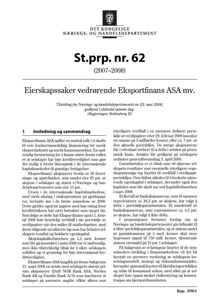 Forsiden av dokumentet St.prp. nr. 62 (2007-2008)