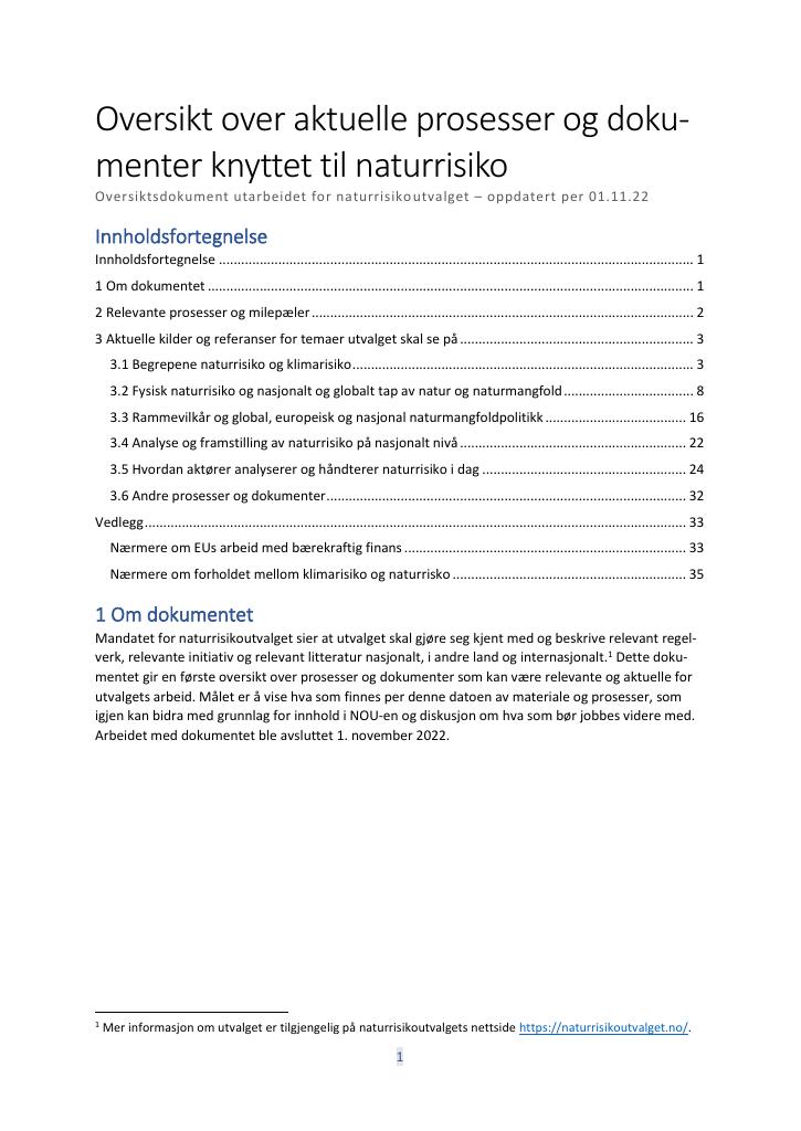 Forsiden av dokumentet Oversikt over aktuelle prosesser og dokumenter knyttet til naturrisiko