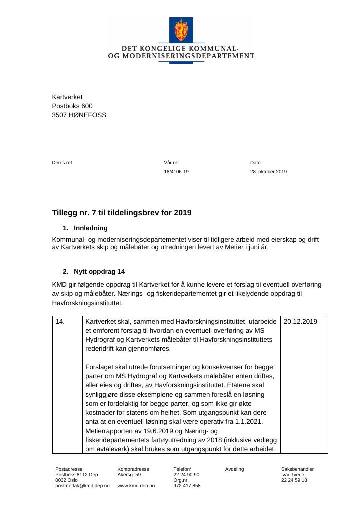 Forsiden av dokumentet Tildelingsbrev Kartverket 2019 - tillegg nr. 7