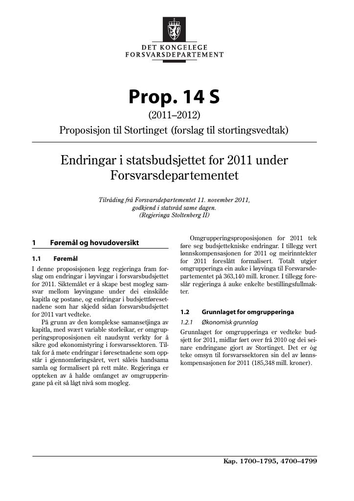 Forsiden av dokumentet Prop. 14 S (2011–2012)