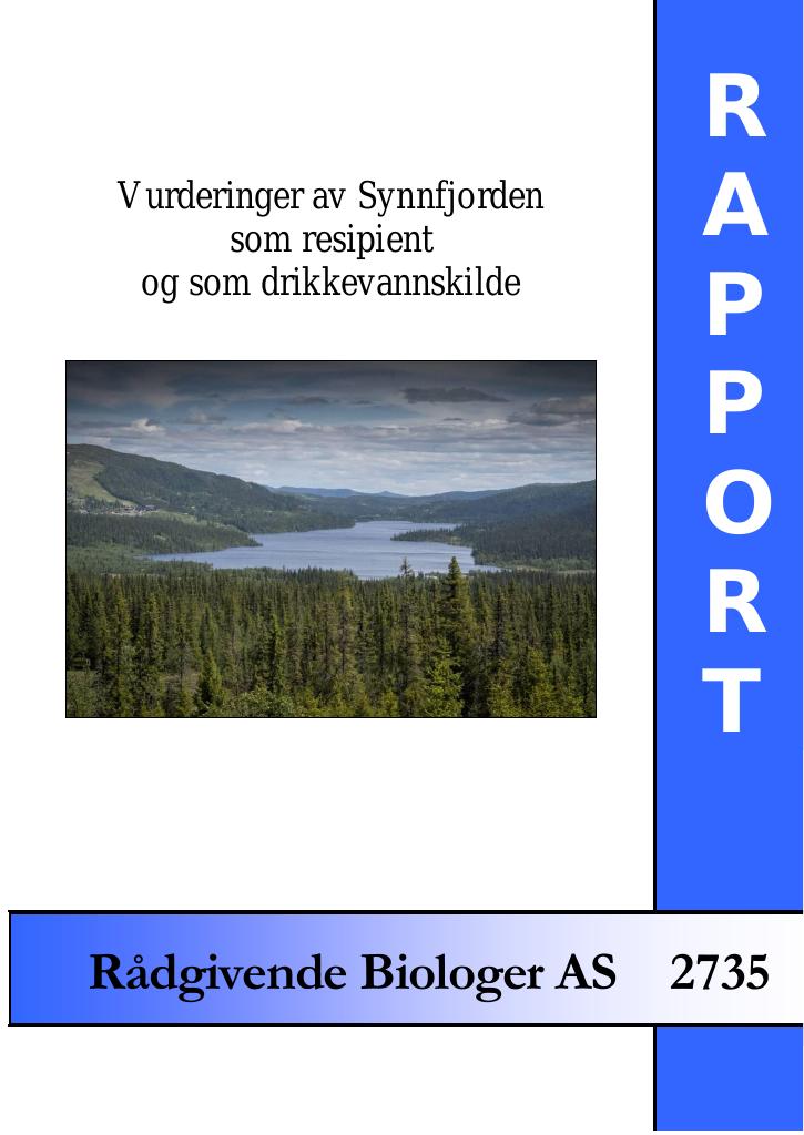 Forsiden av dokumentet Vurderinger av Synnfjorden som resipient og som drikkevannskilde