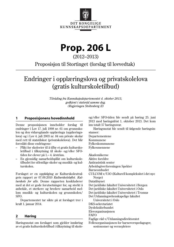 Forsiden av dokumentet Prop. 206 L (2012–2013)