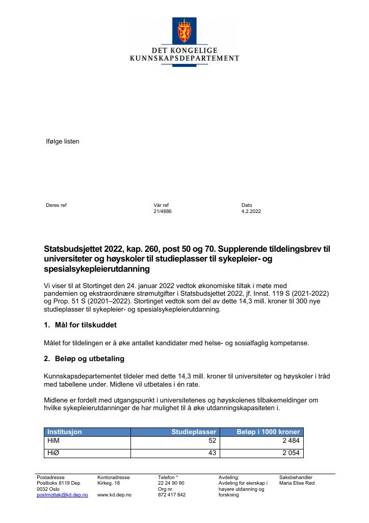 Forsiden av dokumentet Tildelingsbrev Universiteter og høyskoler 2022 - tillegg nr. 2