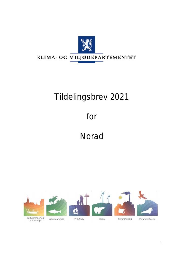 Forsiden av dokumentet Tildelingsbrev NORAD 2021