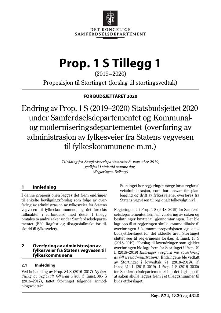 Forsiden av dokumentet Prop. 1 S Tillegg 1 (2019–2020)