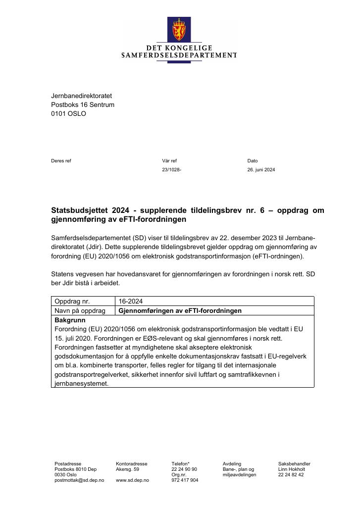 Forsiden av dokumentet Tildelingsbrev Jernbanedirektoratet 2024 - tillegg nr. 5