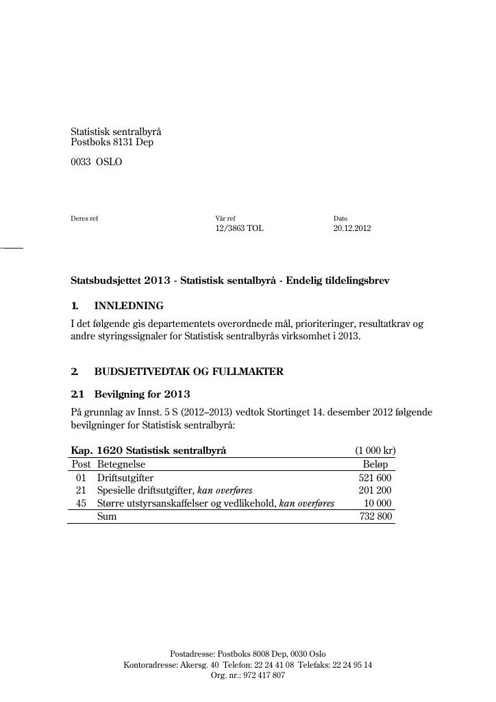 Forsiden av dokumentet Tildelingsbrev (pdf)