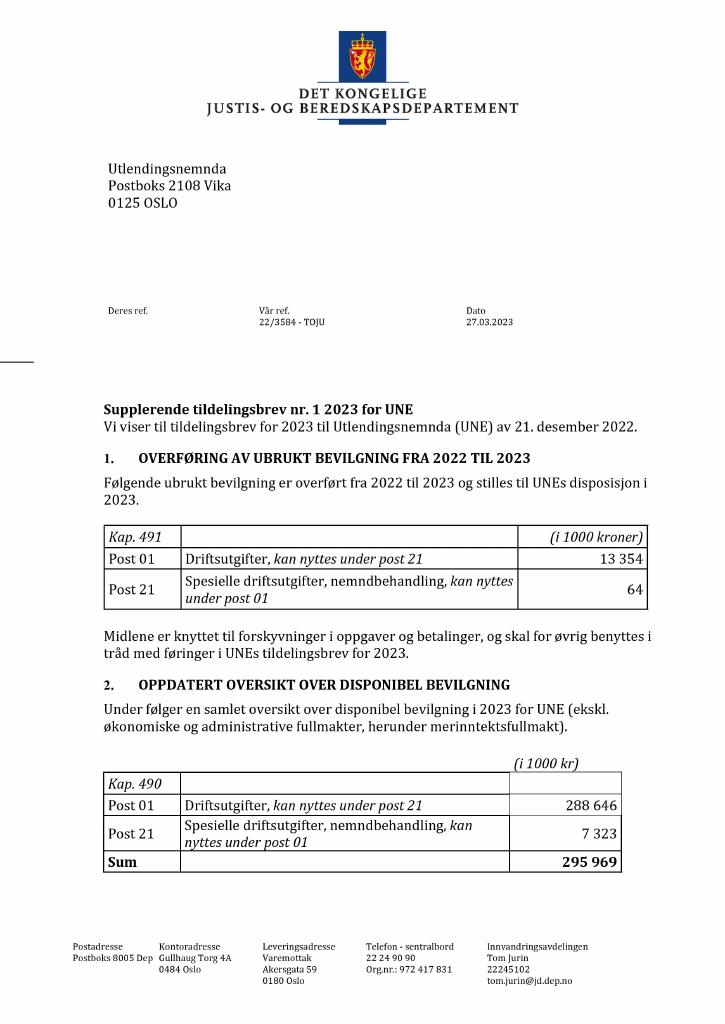 Forsiden av dokumentet Tildelingsbrev Utlendingsnemnda 2023 - tillegg nr. 1