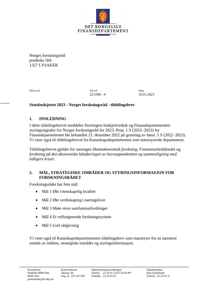 Forsiden av dokumentet Tildelingsbrev Norges forskningsråd 2023