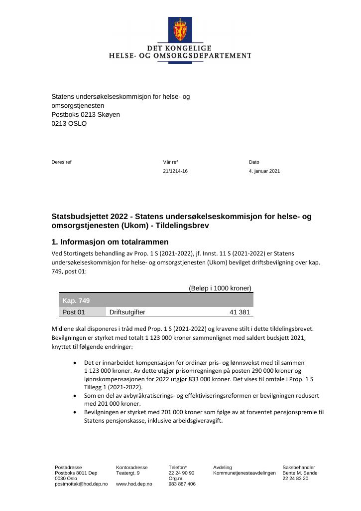 Forsiden av dokumentet Tildelingsbrev Statens undersøkelseskommisjon for helse- og
omsorgstjenesten (Ukom) 2022