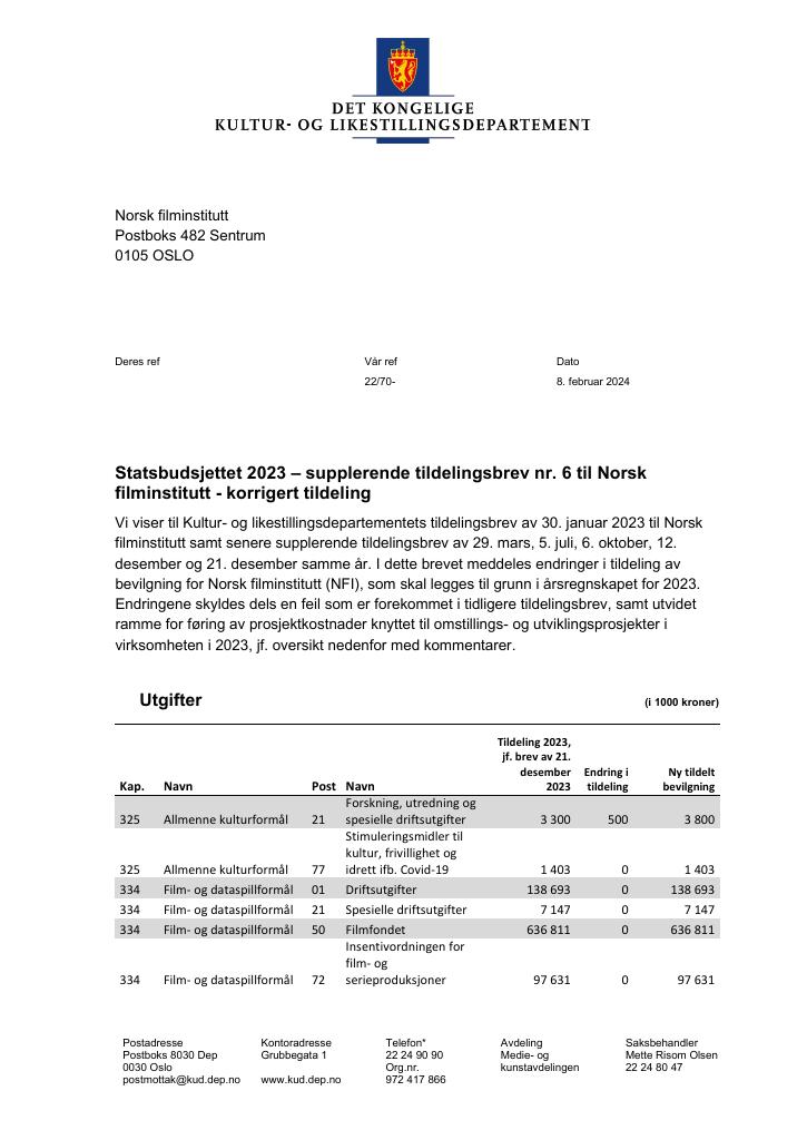 Forsiden av dokumentet Supplerende tildelingsbrev nr. 6 (.pdf) 2023