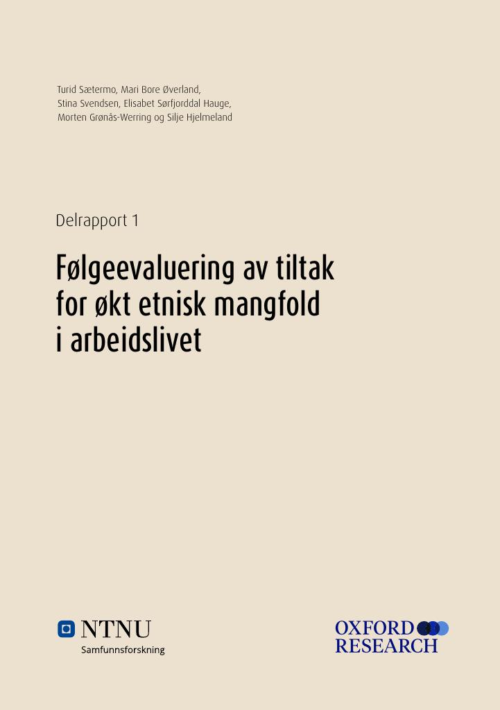 Forsiden av dokumentet Delrapport 1: Følgeevaluering av tiltak for økt etnisk mangfold i arbeidslivet