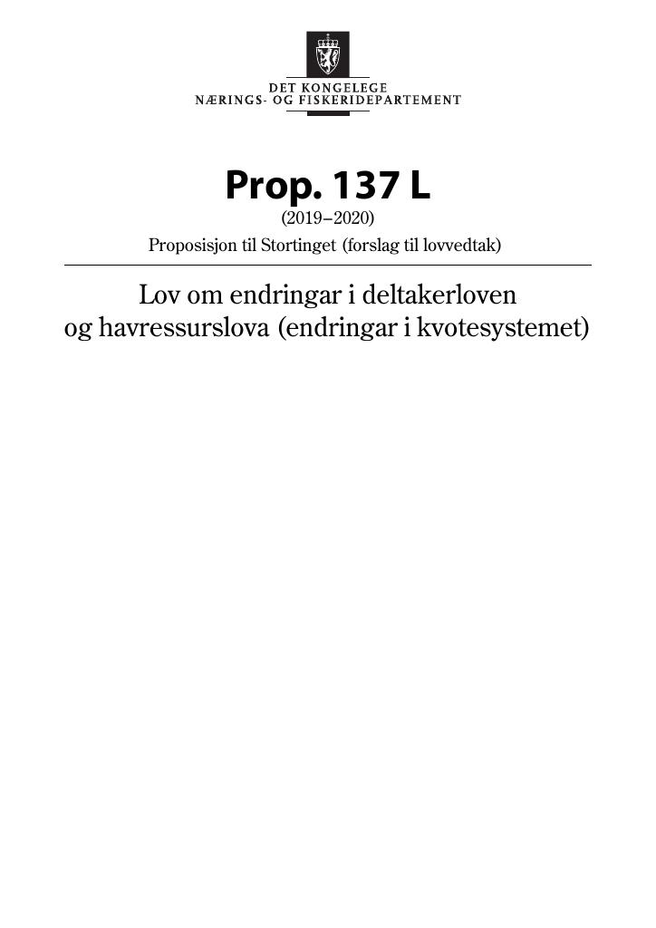Forsiden av dokumentet Prop. 137 L (2019–2020)
