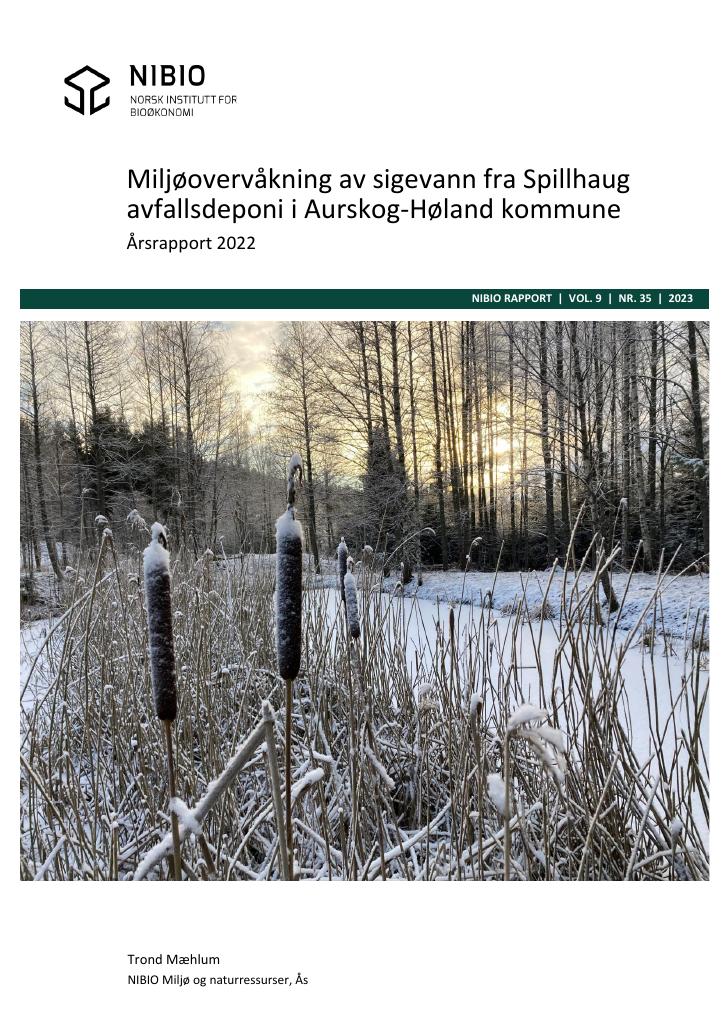 Forsiden av dokumentet Miljøovervåkning av sigevann fra Spillhaug avfallsdeponi i Aurskog-Høland kommune. Årsrapport 2022