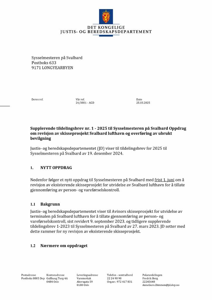 Forsiden av dokumentet Tildelingsbrev Sysselmesteren på Svalbard 2024 - tillegg nr. 1