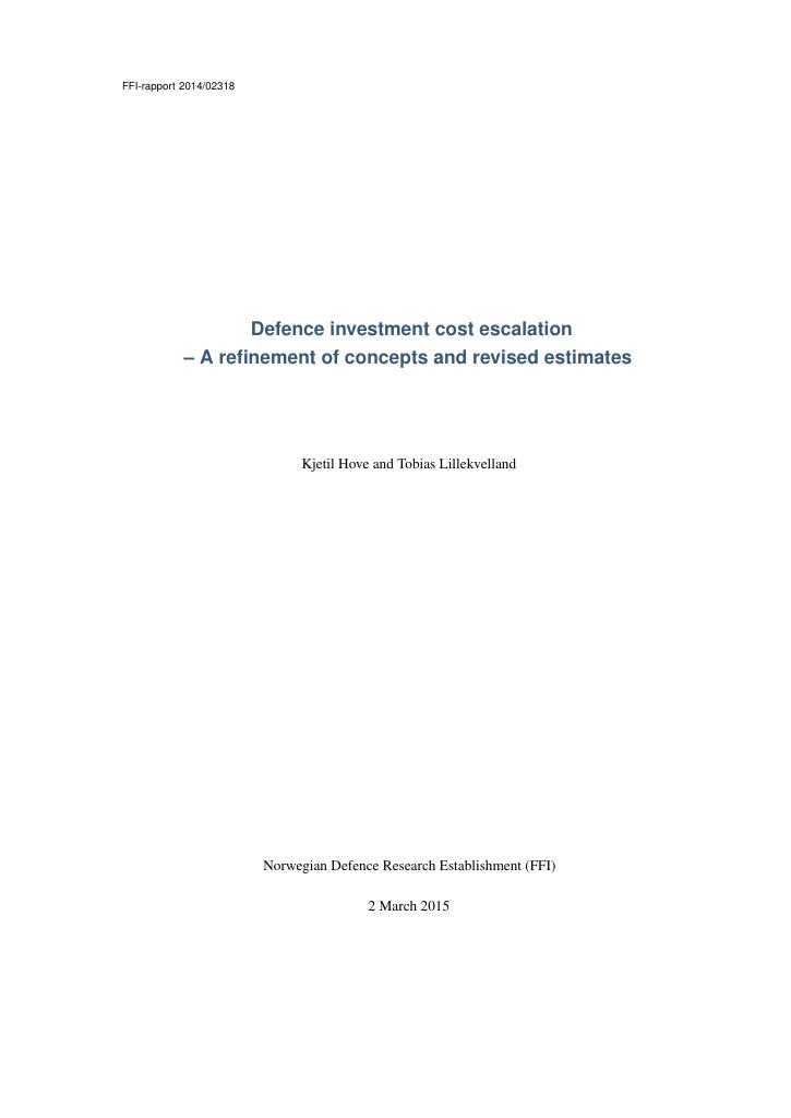 Forsiden av dokumentet Defence investment cost escalation - a refinement of concepts and revised estimates