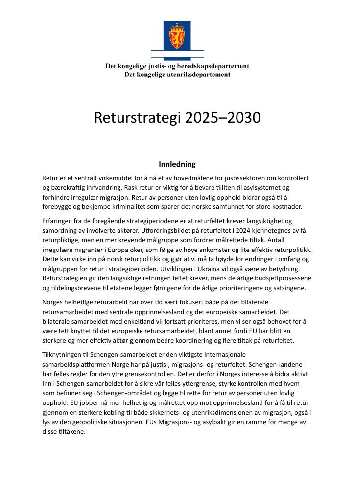 Forsiden av dokumentet Returstrategi 2025–2030