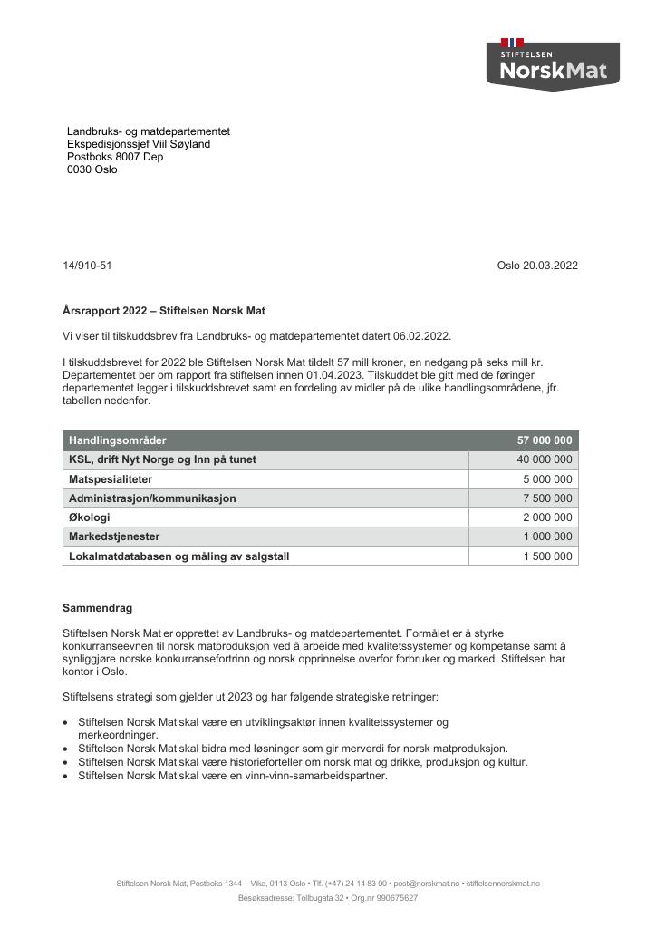 Forsiden av dokumentet Årsrapport Stiftelsen Norsk Mat 2022