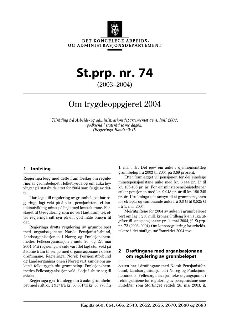 Forsiden av dokumentet St.prp. nr. 74 (2003-2004)