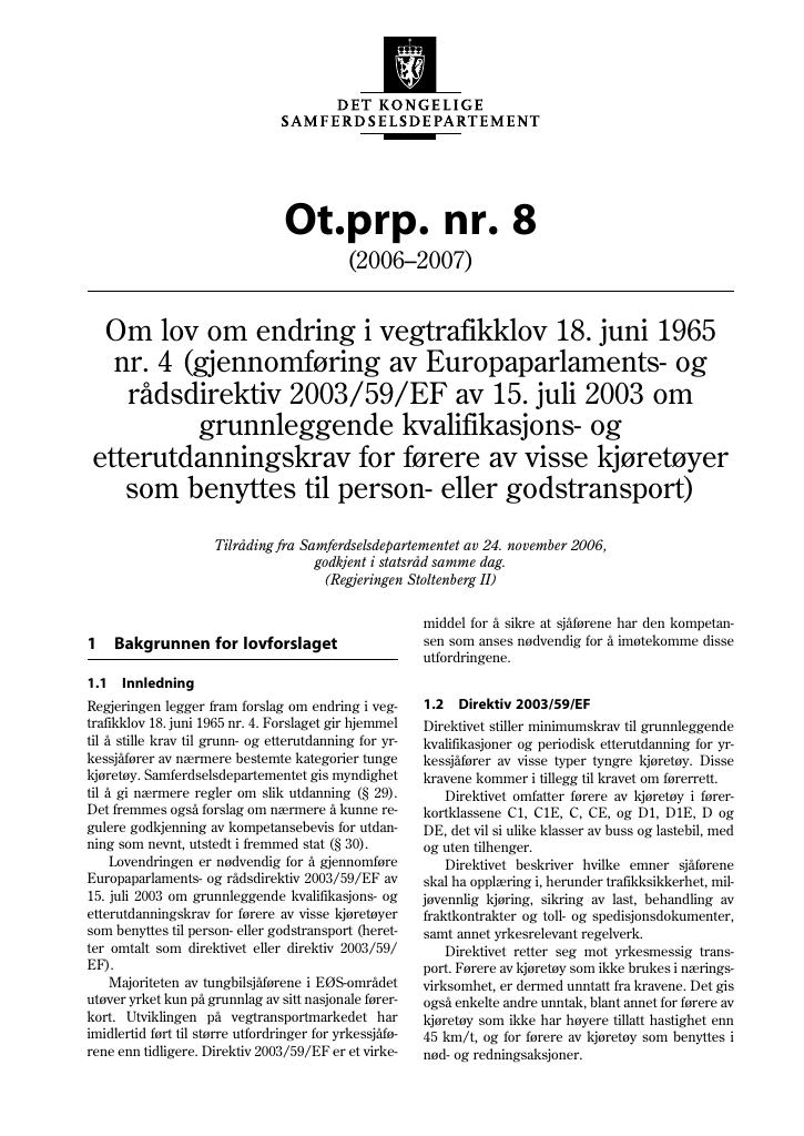 Forsiden av dokumentet Ot.prp. nr. 8 (2006-2007)