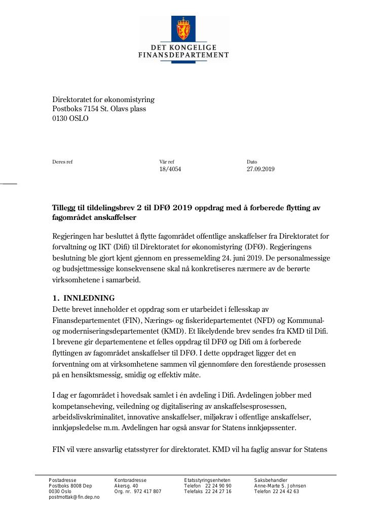 Forsiden av dokumentet Tildelingsbrev DFØ 2019 - tillegg nr. 2