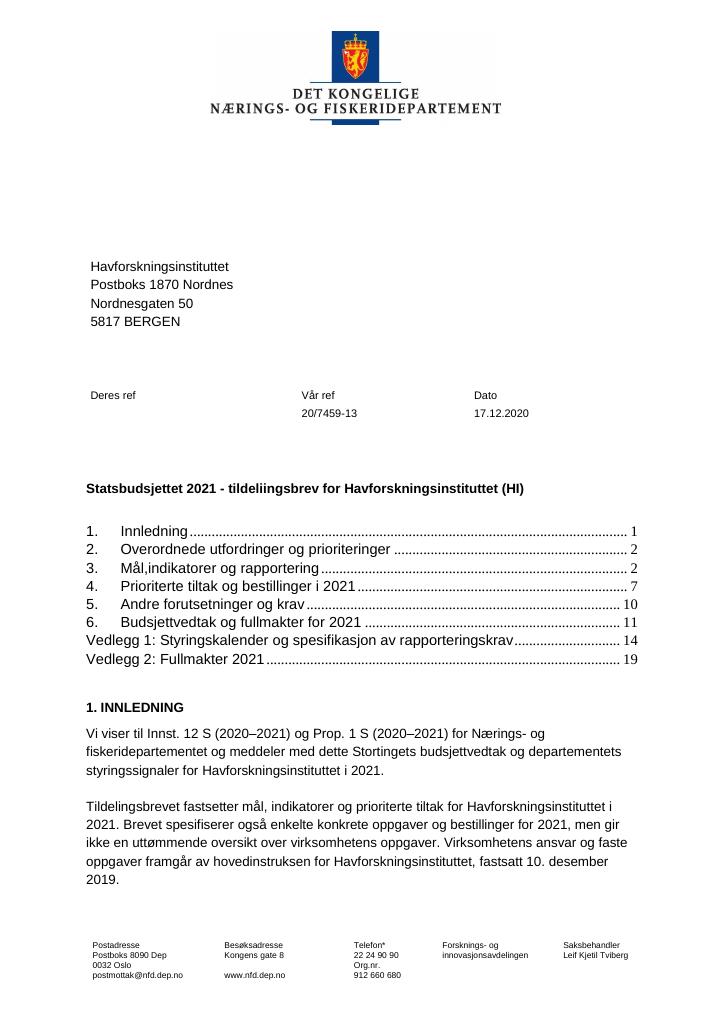 Forsiden av dokumentet Tildelingsbrev Havforskningsinstituttet 2021