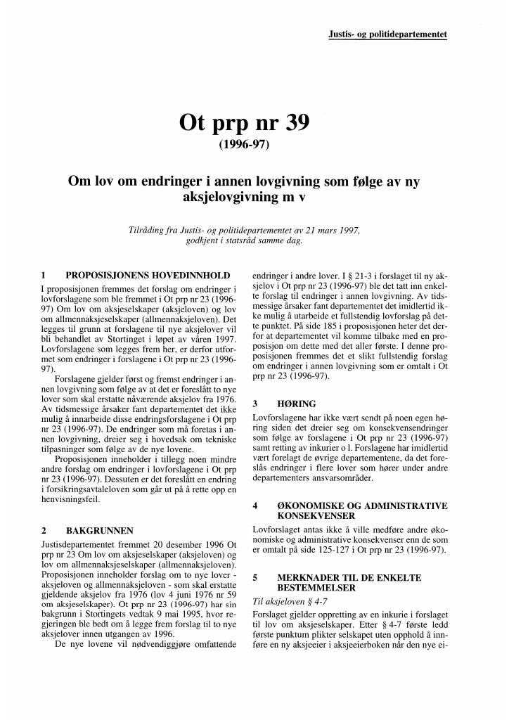 Forsiden av dokumentet Ot.prp. nr. 39  (1996–1997)