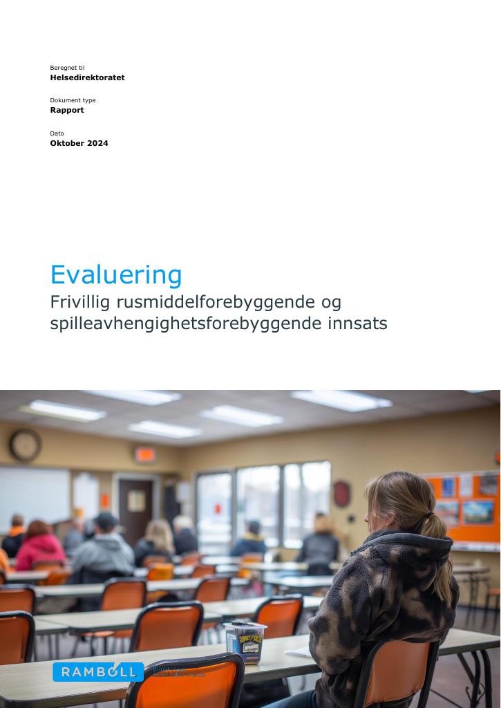 Forsiden av dokumentet Evaluering av tilskuddsordningen Frivillig rusmiddelforebyggende og  spilleavhengighetsforebyggende innsats