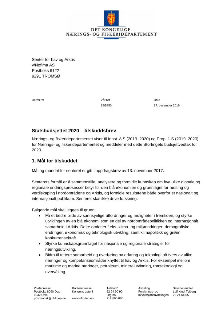 Forsiden av dokumentet Tilskuddsbrev