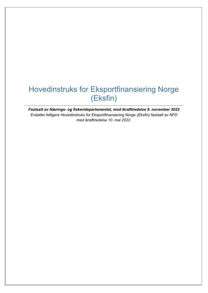 Forsiden av dokumentet Instruks Eksportfinansiering Norge 2022