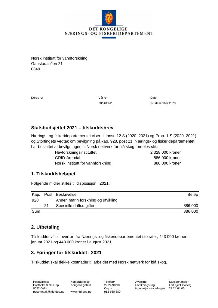 Forsiden av dokumentet Tilskuddsbrev