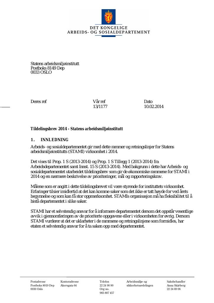 Forsiden av dokumentet Tildelingsbrev (PDF)