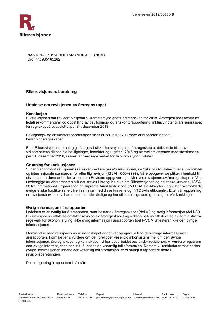 Forsiden av dokumentet Revisjonsberetning Nasjonal sikkerhetsmyndighet 2018
