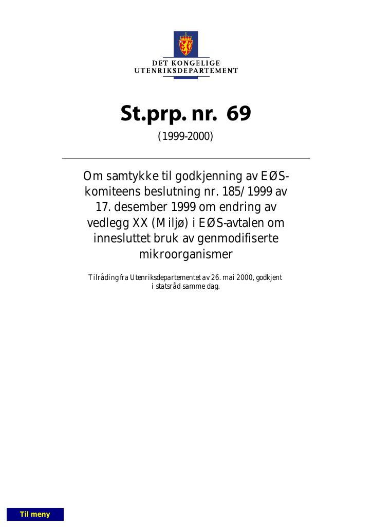 Forsiden av dokumentet St.prp. nr. 69 (1999-2000)