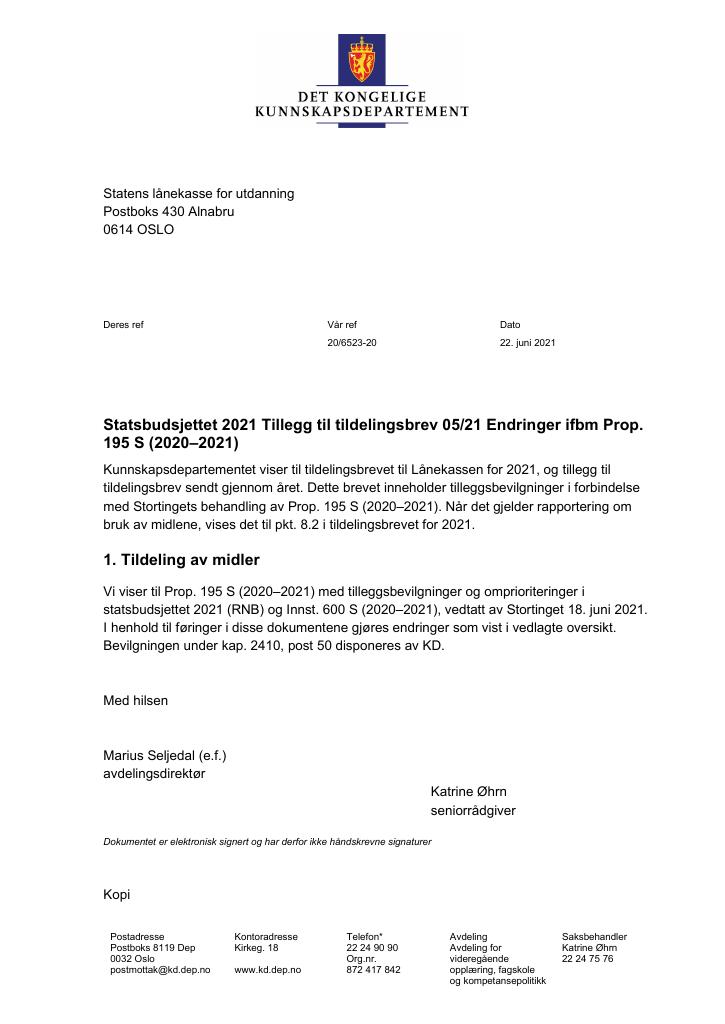 Forsiden av dokumentet Tillegg nr. 5 til tildelingsbrev 2021