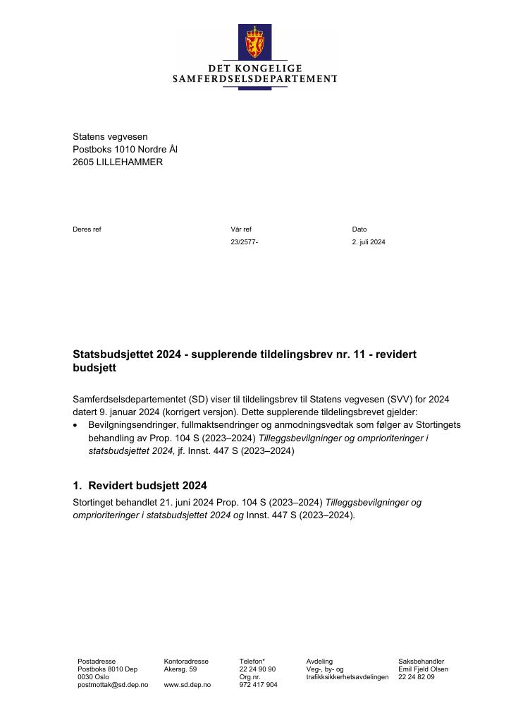 Forsiden av dokumentet Tildelingsbrev Statens vegvesen 2024 - tillegg nr. 11