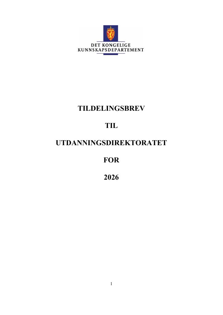 Forsiden av dokumentet Tildelingsbrev Utdanningsdirektoratet 2026