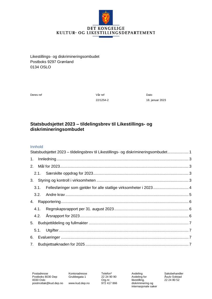 Forsiden av dokumentet Tildelingsbrev Likestillings- og diskrimineringsombudet 2023