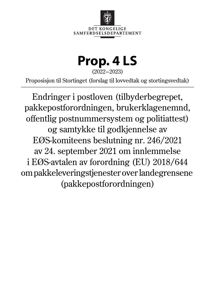 Forsiden av dokumentet Prop. 4 LS (2022–2023)