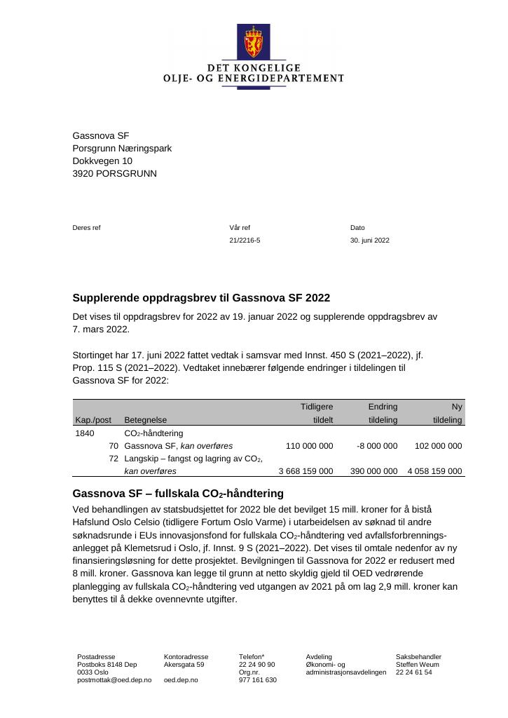 Forsiden av dokumentet Supplerende oppdragsbrev Gassnova SF 2022