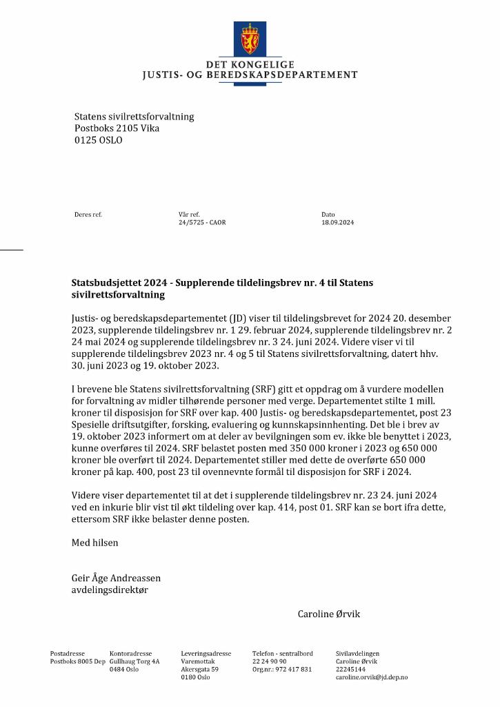 Forsiden av dokumentet Tildelingsbrev Statens sivilrettsforvaltning 2024 - tillegg nr. 4