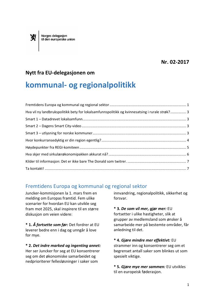 Forsiden av dokumentet Nytt fra EU-delegasjonen om kommunal- og regionalpolitikk, mars 2017